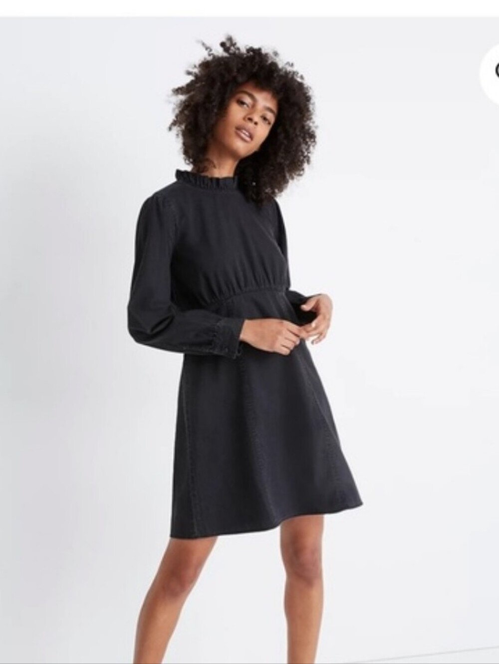 Madewell Black Long-Sleeve Ruffle Neck Dress Women's 12